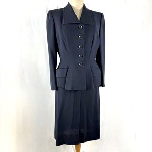 1940s Navy Blue Gaberdine Skirt Suit S/M War Bride 2 pc Excellent Condition